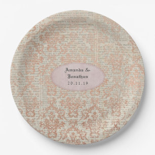 Vintage Rose Gold Damask Shabby-Chic Wedding Paper Plates