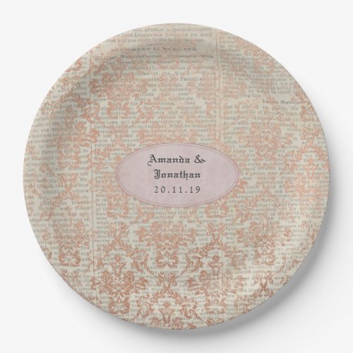 Vintage Rose Gold Damask Shabby_Chic Wedding Paper Plates