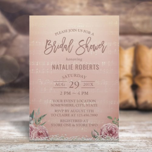 Vintage Rose Gold Floral Music Bridal Shower Invitation
