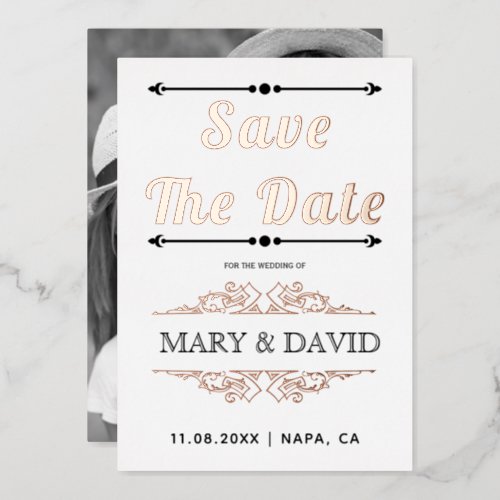 Vintage rose gold foil typography Save the Date Foil Invitation