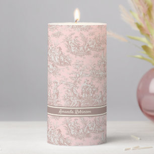 Vintage Rose Gold French Country Toile de Jouy Pillar Candle