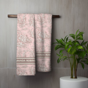 Vintage Rose Gold French Toile de Jouy Bath Towel Set
