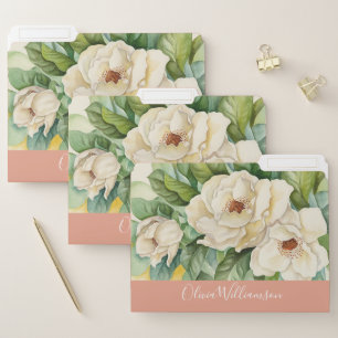 Vintage Rose Gold Magnolia Name Floral Watercolor File Folder