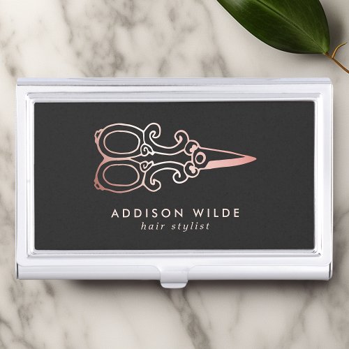 Vintage Rose Gold Scissors Hair Stylist Logo Business Card Case