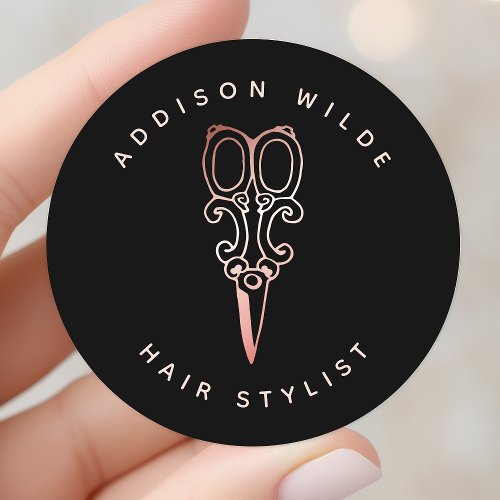 Custom Stickers 5 Vintage Rose Gold Scissors Hair Stylist Logo Classic Round Sticker