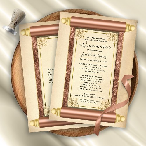 Vintage Rose Gold Scroll Elegant Quinceaera  Invitation