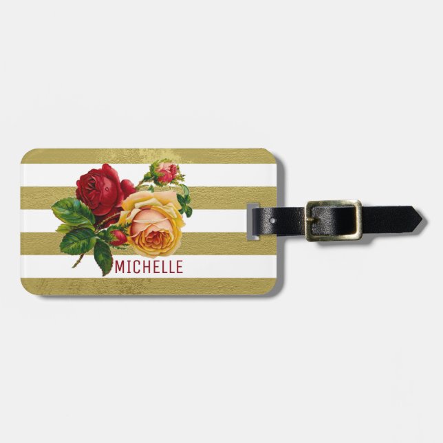 Vintage Rose, Gold-Stripe Personalized Luggage Tag (Front Horizontal)