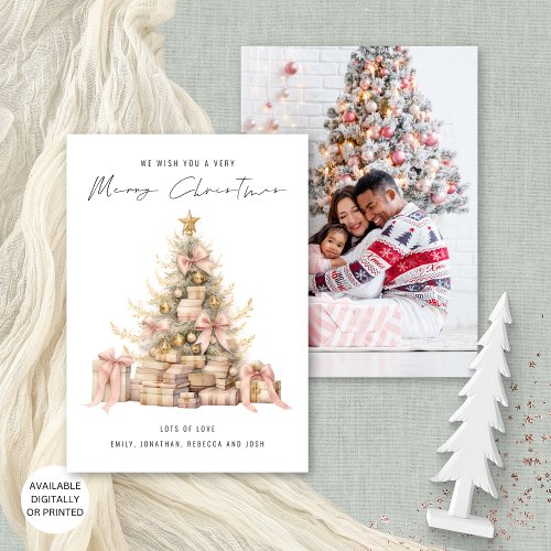 Vintage Rose Gold Tree Photo Merry Christmas Holiday Card