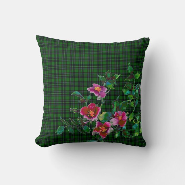 Vintage Rose - green plaid Throw Pillow (Front)
