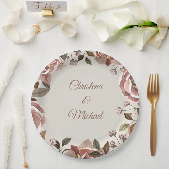 Vintage Rose & Greenery Wedding Paper Plate  (Wedding)