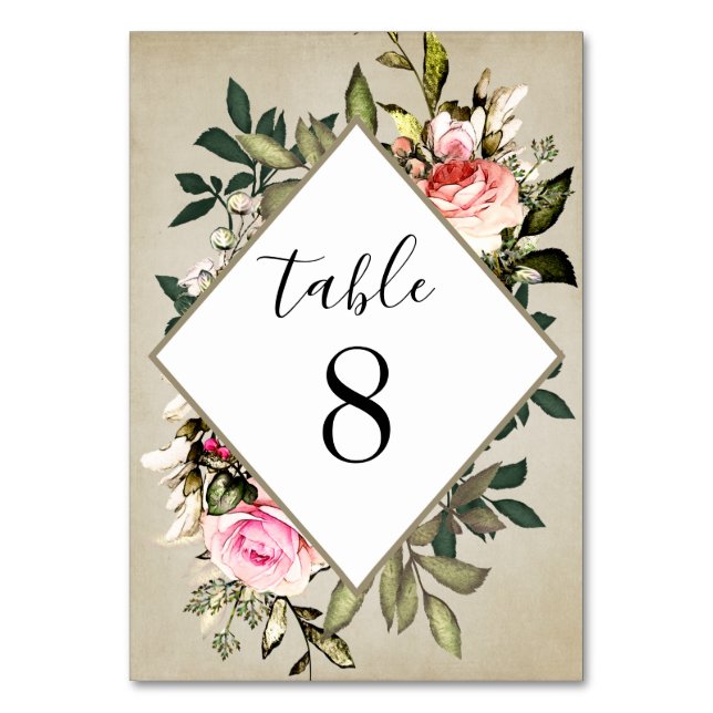 Vintage Rose Greenery Wedding Table Number Cards (Front)