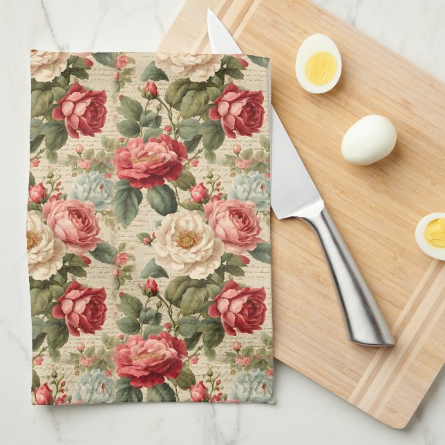 Vintage Rose Junk Journal Page Kitchen Towel (Quarter Fold)