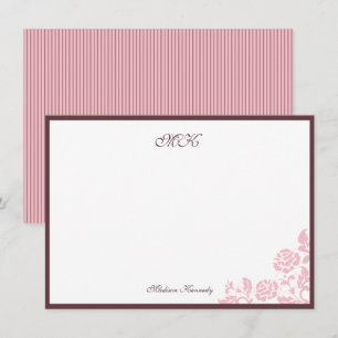 Vintage Rose Lace Pink Stripe Script Personalized  Note Card