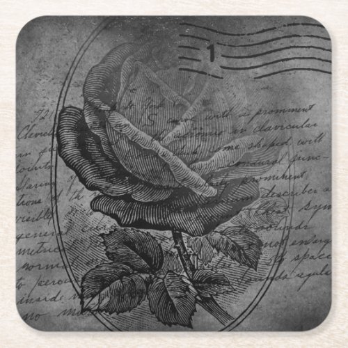 Vintage Rose Letter Background _ BW Square Paper Coaster