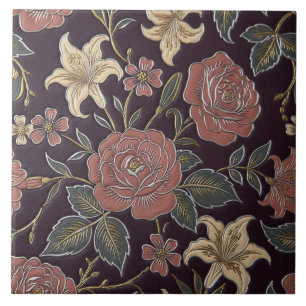 Vintage Rose & Lily Bloom on Deep Plum Elegance Ceramic Tile