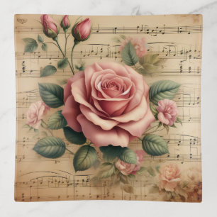 Vintage Rose Music Glass Trinket Tray