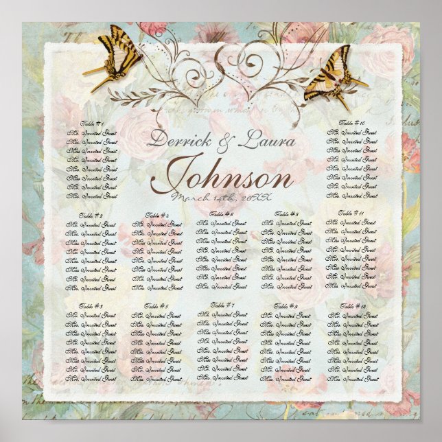 Vintage Rose n Birds Reception Table Seating Chart (Front)