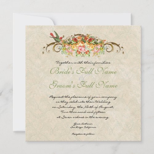 Vintage Rose n birds,  Wedding Invitation
