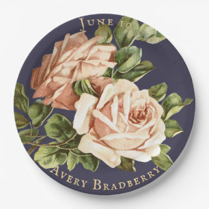 Vintage Rose Navy Blue Bridal Tea Paper Plates