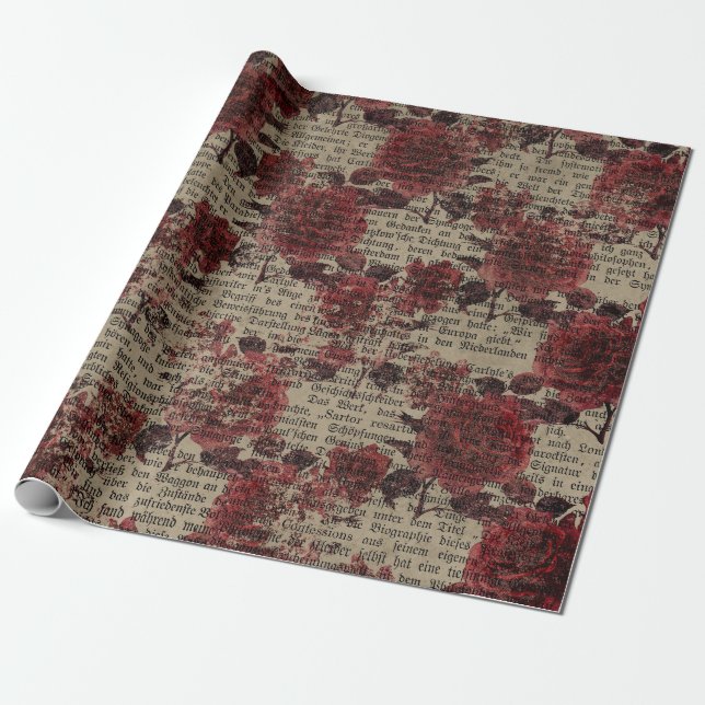 Vintage Rose Newsprint Typography Wrapping Paper (Unrolled)