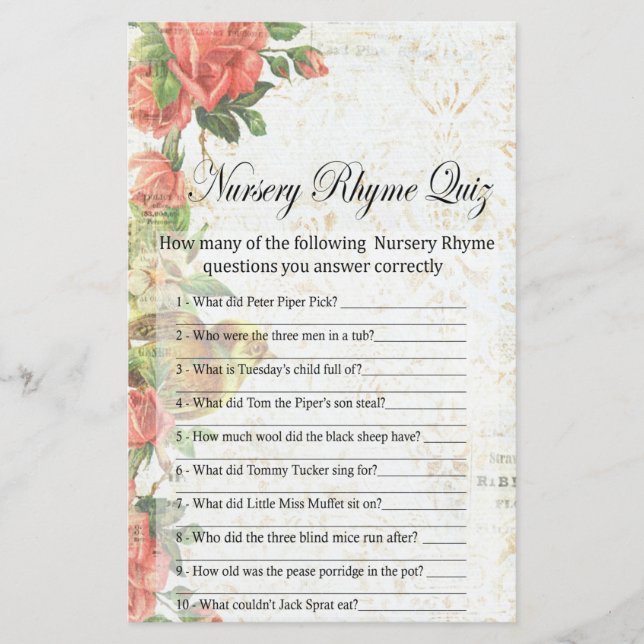 Vintage rose Nursery Rhyme Quiz baby shower game (Front)