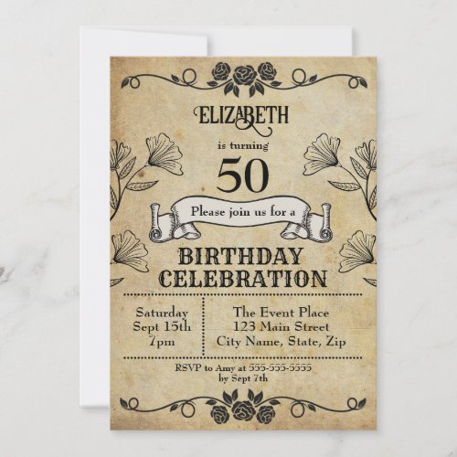 Vintage Rose Ornament Parchment 50th Birthday  Invitation