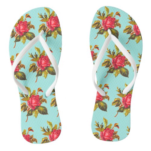 Vintage Rose Pattern and Aqua Blue Bridal Wedding  Flip Flops