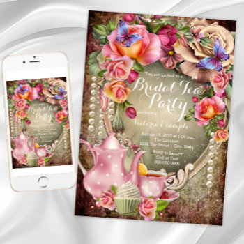 Vintage Rose Pearl Bridal Tea Party Invitation by InvitationCentral at Zazzle