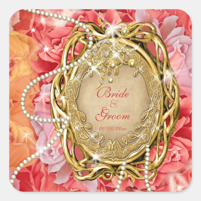 Vintage rose pearls wedding bride groom square sticker (Front)