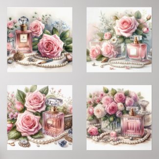 Vintage Rose Perfume and Pearls (4) Print Set