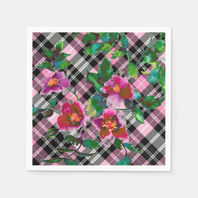 Vintage Rose pink and black plaid Paper Napkins (Front)