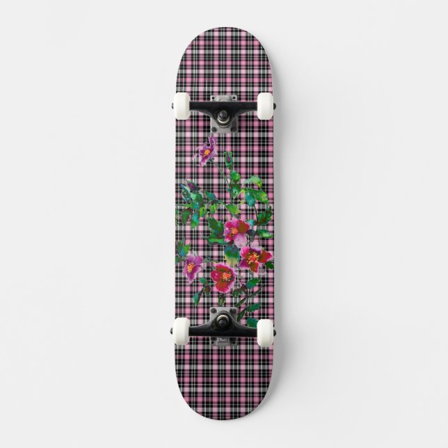 Vintage rose pink and black plaid skateboard deck (Front)