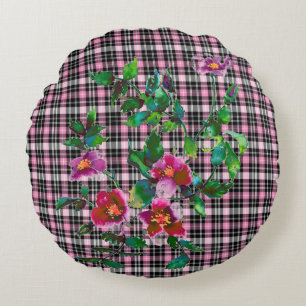 Vintage Rose - pink and white plaid Round Pillow