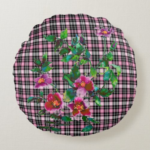 Vintage Rose _ pink and white plaid Round Pillow