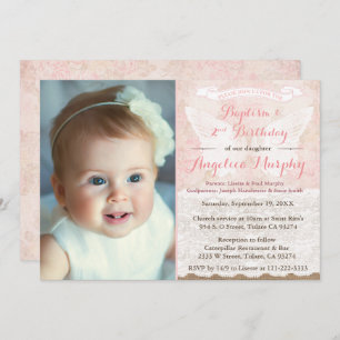 Vintage Rose Pink Angel Wings Baptism 2nd Birthday Invitation