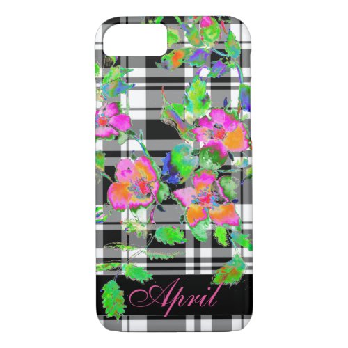 Vintage Rose pink_ blackwhite plaid _monogrammed iPhone 87 Case