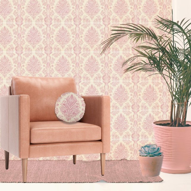 Vintage Rose Pink Damask Round Pillow (Pink damask pillow for a traditional interior)