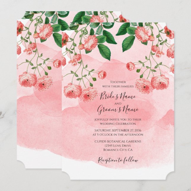 Vintage Rose Pink Floral Botanical Wedding Invitation (Front/Back)
