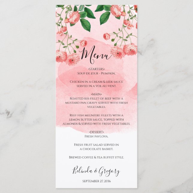 Vintage Rose Pink Floral Botanical Wedding Menu (Front)