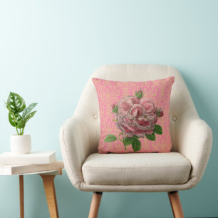 Vintage Rose Pink Gold Damask Throw Pillow