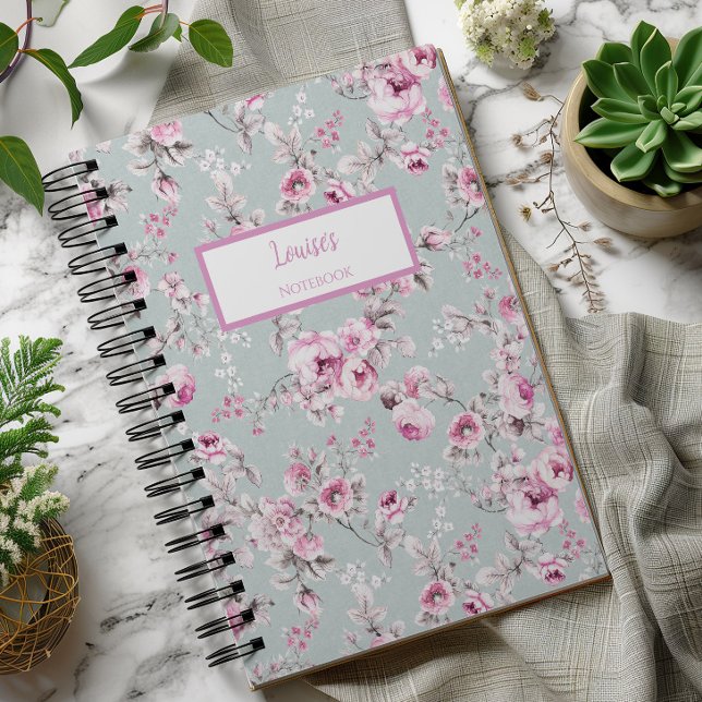 Vintage Rose Pink Personalized Journal Notebook (Vintage Rose Green Spiral Notebook)