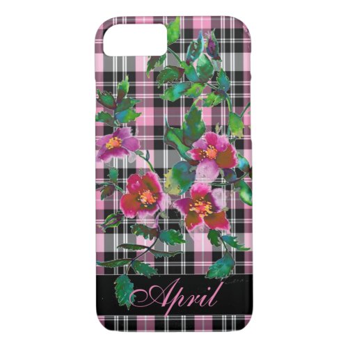 Vintage Rose _ pink plaid _monogrammed iPhone 87 Case