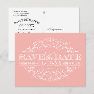 Vintage Rose Pink Scrollwork Save the Date Announcement Postcard