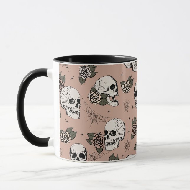 Vintage Rose Pink Skulls and Roses Mug (Left)