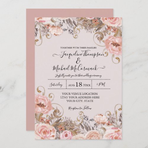 Vintage Rose Pink Watercolor Floral Dried Foliage Invitation