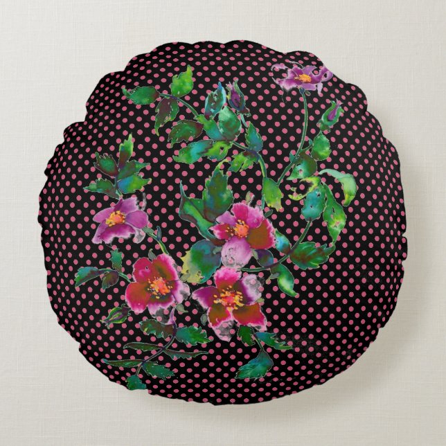 Vintage Rose  pink/white polka-dots Round Pillow (Front)