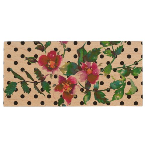 Vintage rose _ polka dots wood USB flash drive