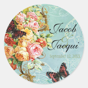 Vintage Rose Roses Butterfly Butterflies Swirls Classic Round Sticker