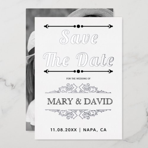Vintage rose silver foil typography Save the Date Foil Invitation