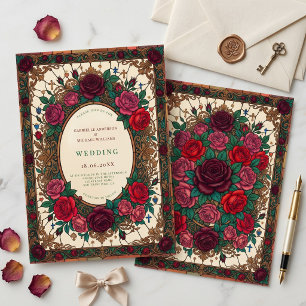 Vintage Rose Stained Glass Floral Wedding Catholic Invitation